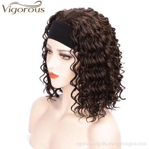 Vigorous Curly Synthetic Wigs for White Women Mixed Brown Colors African American Wigs Short 3/4 Half Wigs with Headband
